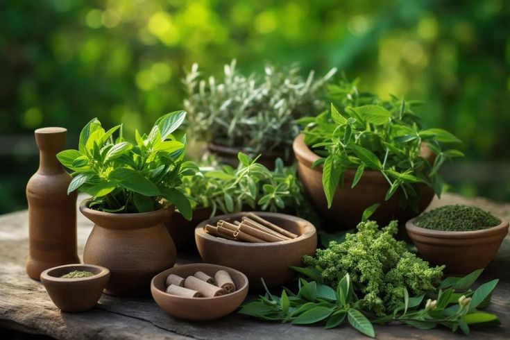 Ayurvedic herbs and medicinal plants used in natural healing therapies.